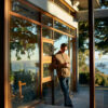 person on phone leaning against outside wall with scenic view at airbnb rental property